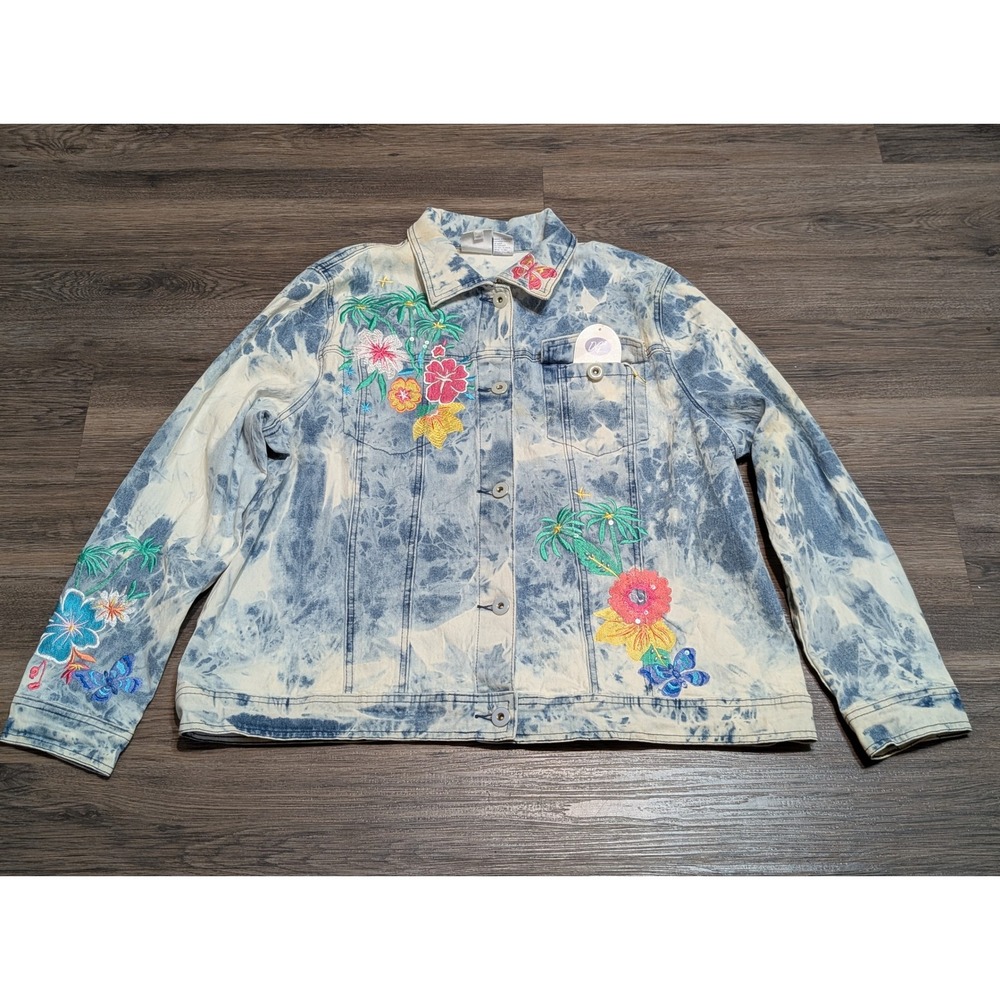 DG2 Diane Gilman Acid Wash Denim Jacket 1X Floral Palm Tree Sequin Embroidered